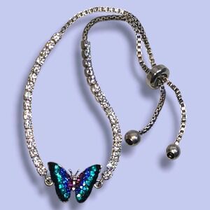 Rhinestone Blue Purple Butterfly Charm Slide Bracelet